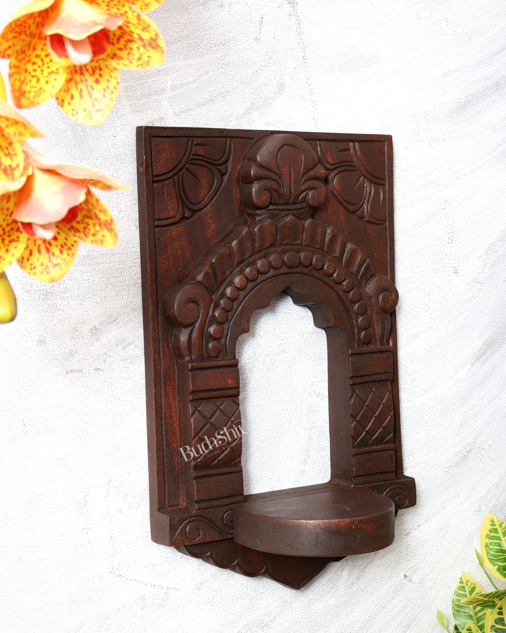 Wooden Wall Hanging Jharokha Arch – Handcrafted Decorative Shelf (Natural tone) - Budhshiv.com