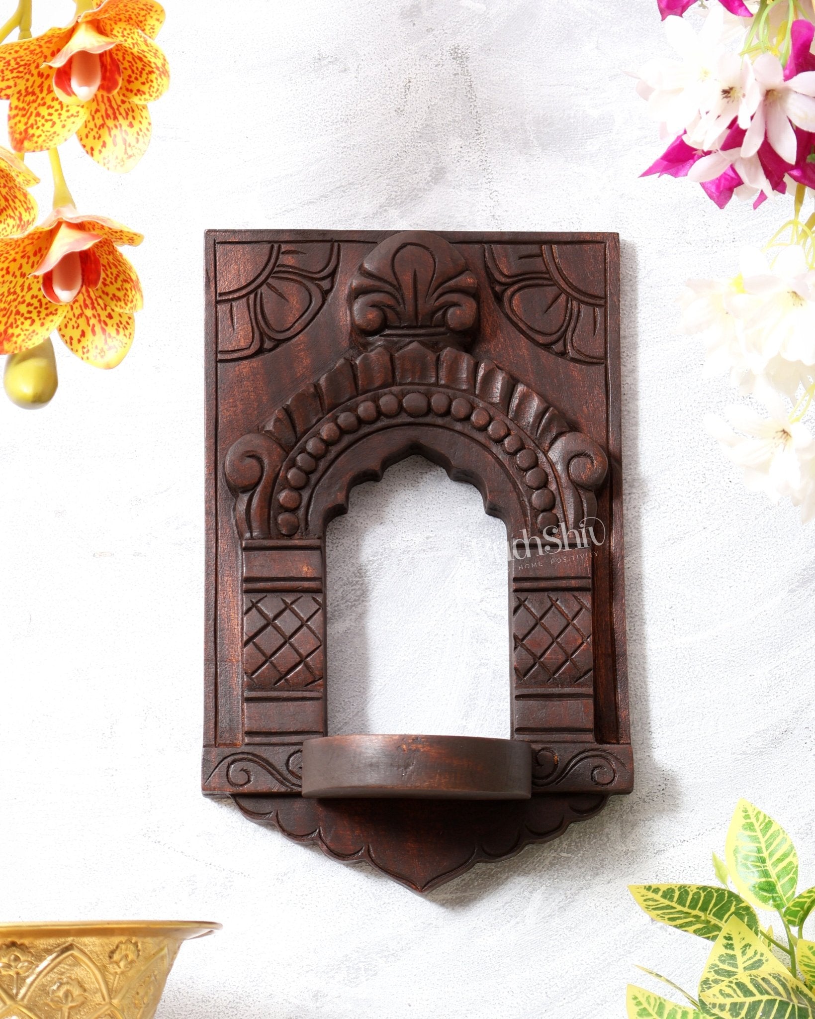 Wooden Wall Hanging Jharokha Arch – Handcrafted Decorative Shelf (Natural tone) - Budhshiv.com