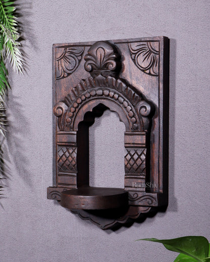 Wooden Wall Hanging Jharokha Arch – Handcrafted Decorative Shelf (Natural tone) - Budhshiv.com