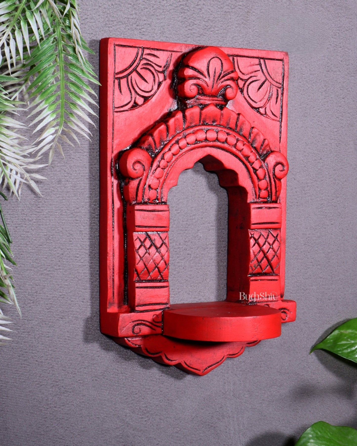 Wooden Wall Hanging Jharokha Arch – Handcrafted Decorative Shelf (Red) - Budhshiv.com