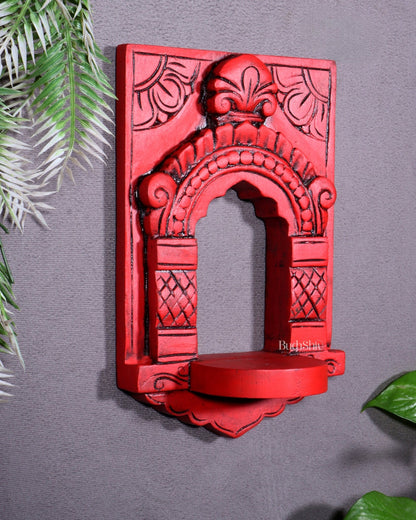 Wooden Wall Hanging Jharokha Arch – Handcrafted Decorative Shelf (Red) - Budhshiv.com