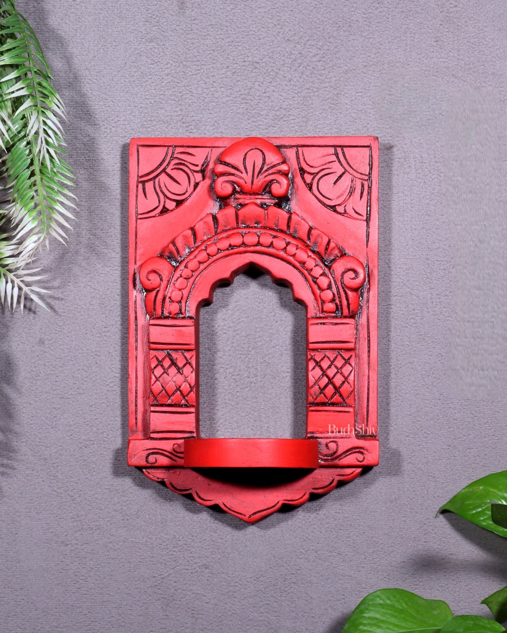 Wooden Wall Hanging Jharokha Arch – Handcrafted Decorative Shelf (Red) - Budhshiv.com