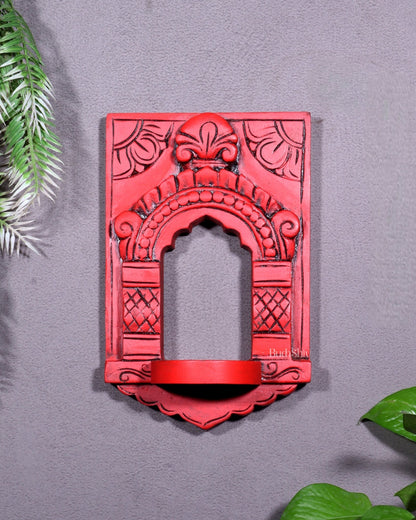 Wooden Wall Hanging Jharokha Arch – Handcrafted Decorative Shelf (Red) - Budhshiv.com