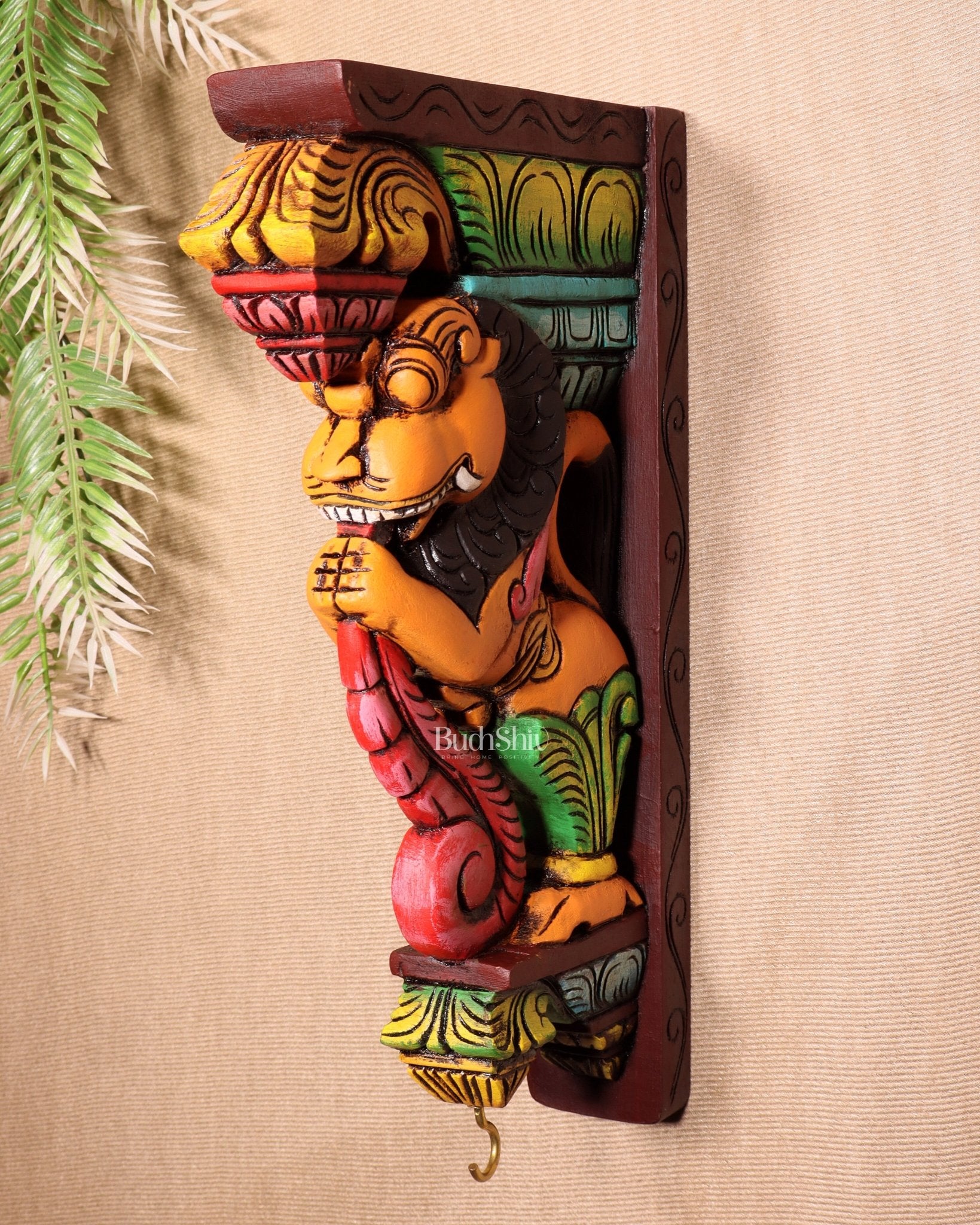 Yazhi (Yali) Wooden Wall Bracket – Handcrafted & Hand - Painted 13" - Budhshiv.com