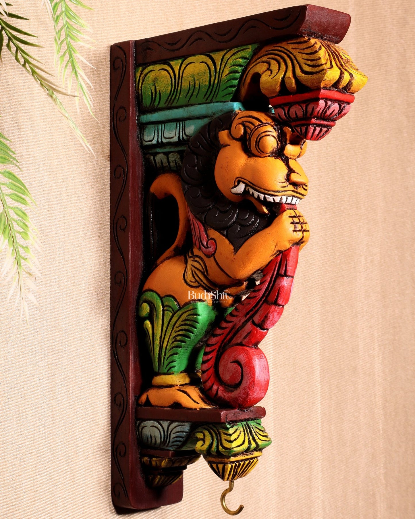 Yazhi (Yali) Wooden Wall Bracket – Handcrafted & Hand - Painted 13" - Budhshiv.com