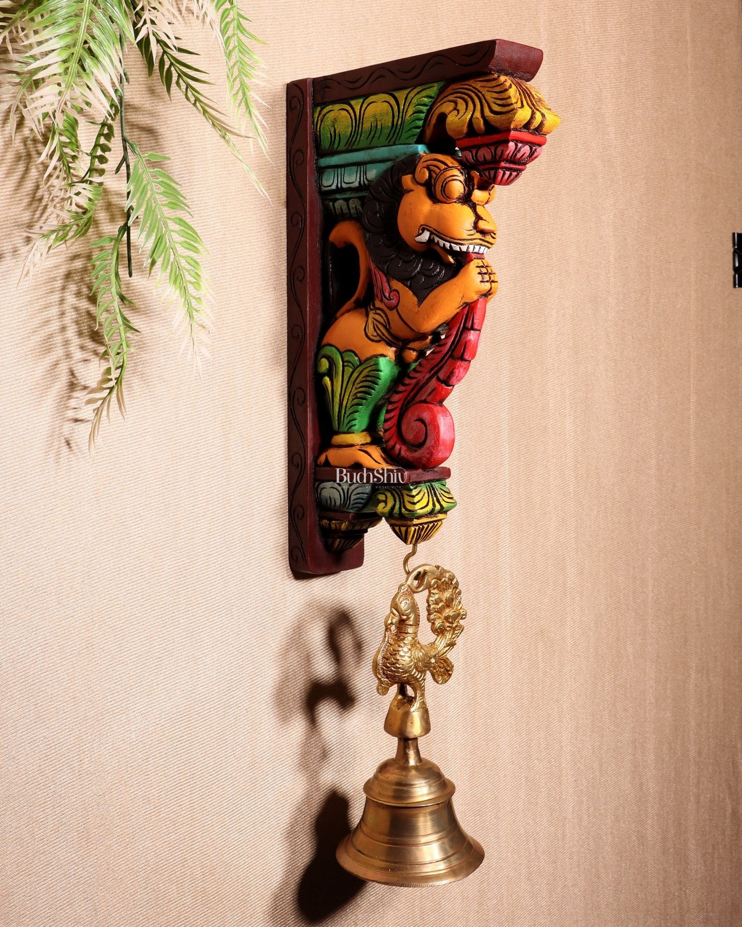 Yazhi (Yali) Wooden Wall Bracket – Handcrafted & Hand - Painted 13" - Budhshiv.com