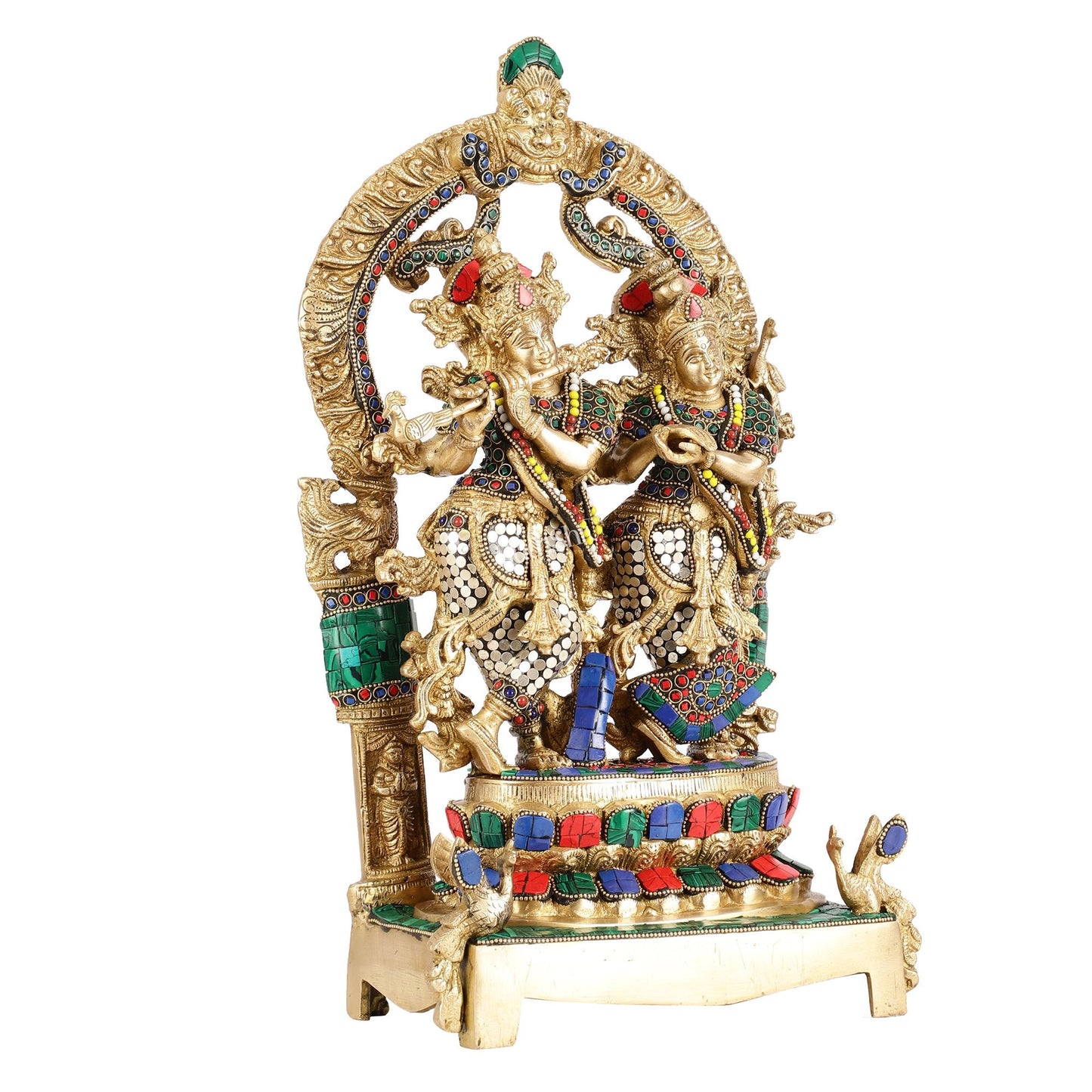 17.5-Inch Brass Radha Krishna Idol Pair with Peacock Adorned Base - Budhshiv.com