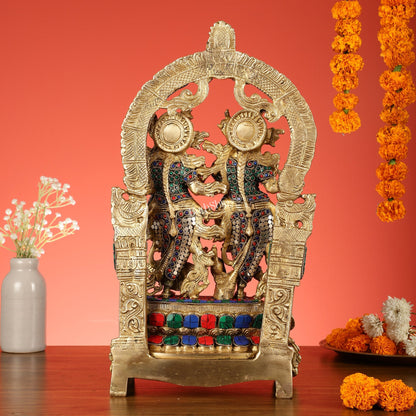 17.5-Inch Brass Radha Krishna Idol Pair with Peacock Adorned Base - Budhshiv.com