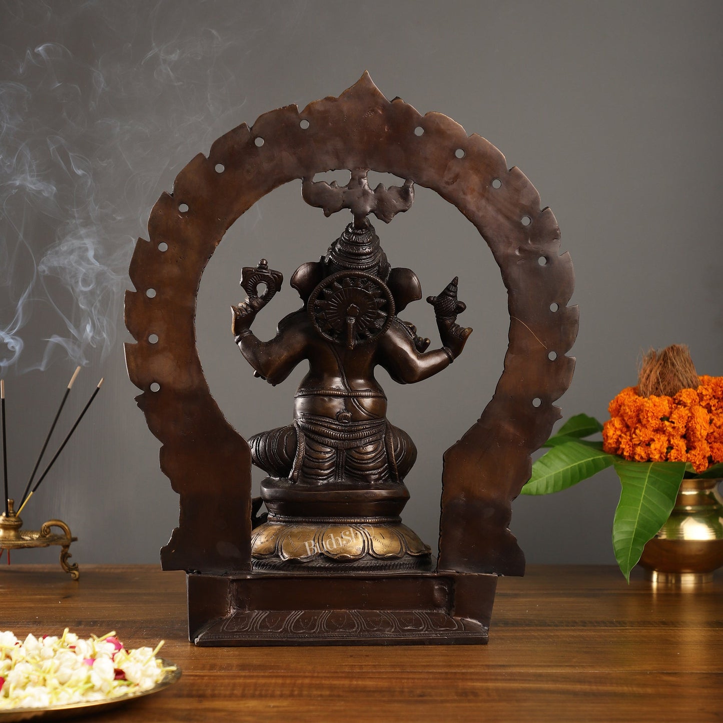 18-Inch Brass Ganapati Idol with Antique Brown Finish and Frame - Budhshiv.com