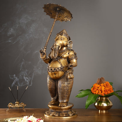 29-inch Standing Lord Ganesha Statue with Umbrella | Burnt Brass Finish - Budhshiv.com