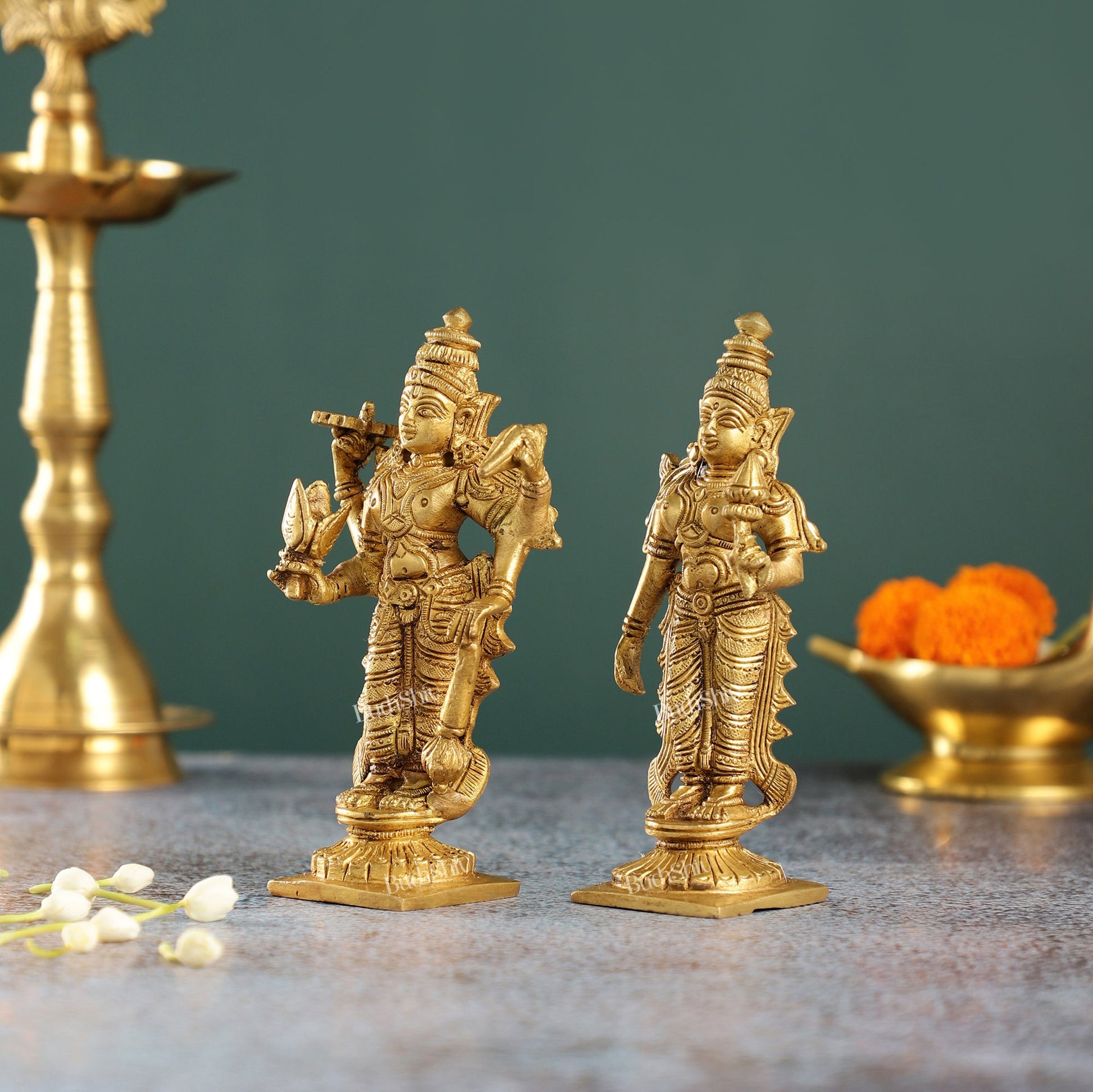 6-Inch Brass Standing Vishnu and Lakshmi Idols - Superfine Pair - Budhshiv.com
