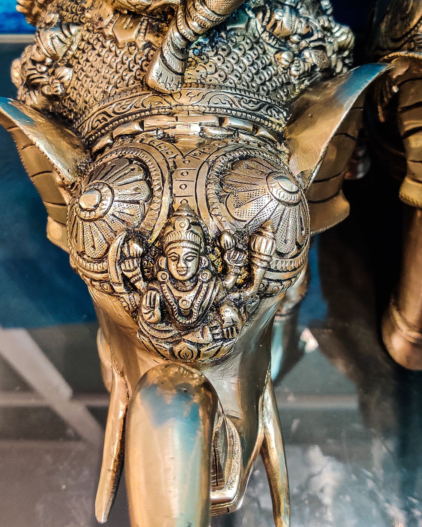 Handcrafted Brass Elephant Pair - Goddess Lakshmi and Lord Tirupati Balaji - Auspicious Home Decor closer