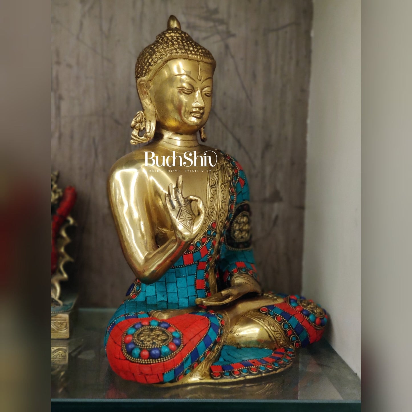 Aashirwaad Buddha Brass Idol with Meenakari Stonework 12 inch - Budhshiv.com