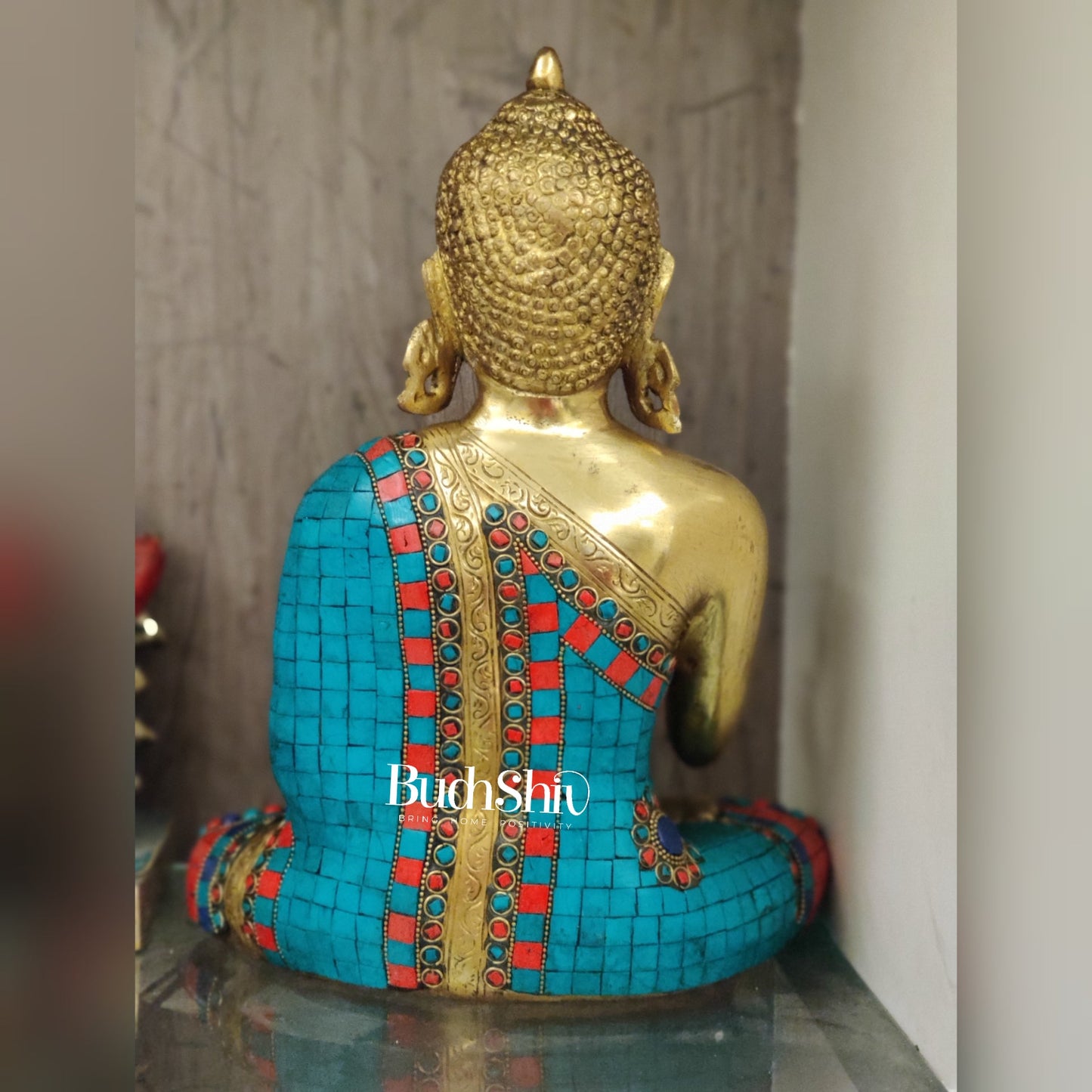 Aashirwaad Buddha Brass Idol with Meenakari Stonework 12 inch - Budhshiv.com
