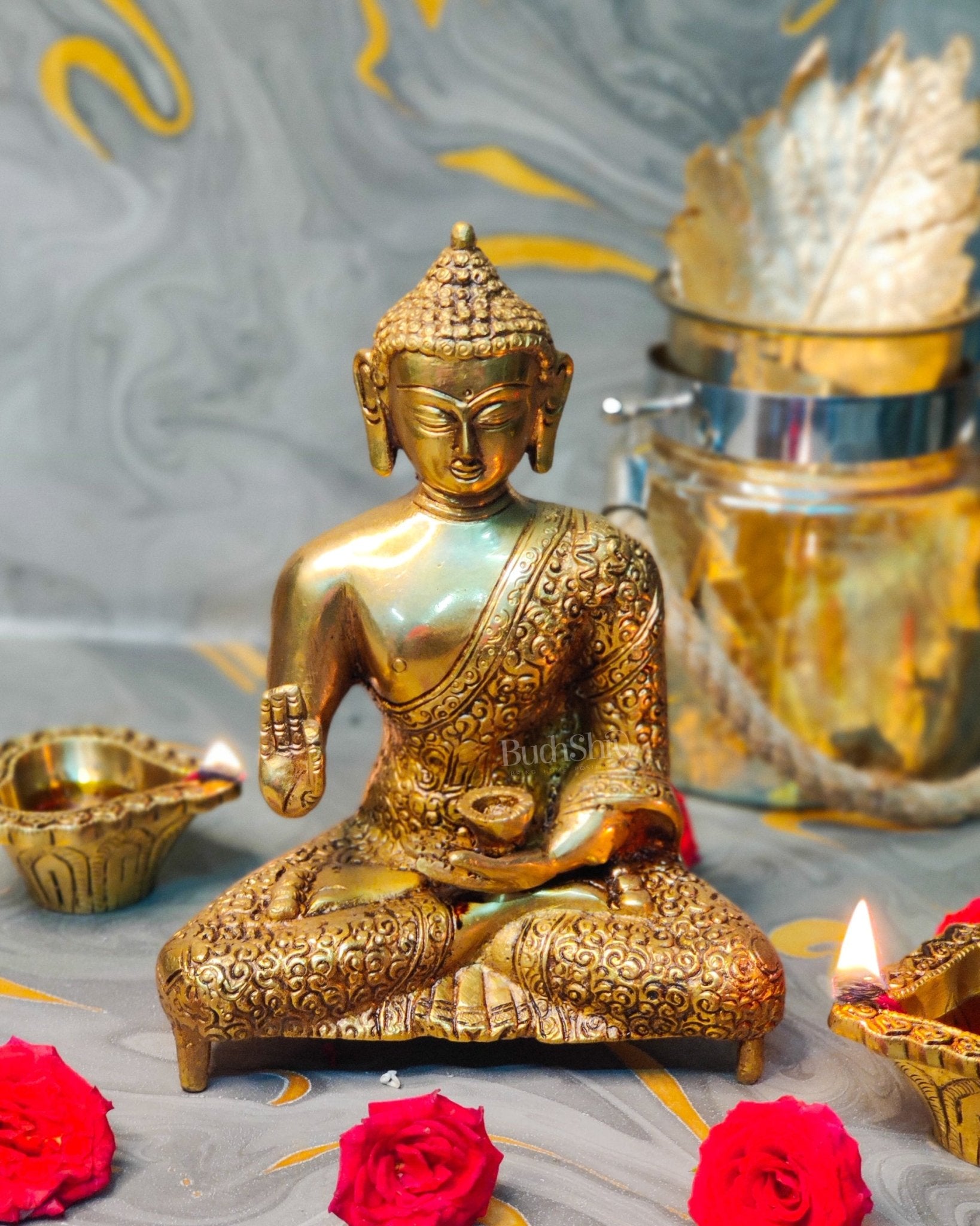 Abhaya Mudra Brass Statue - 9 Inches - Budhshiv.com