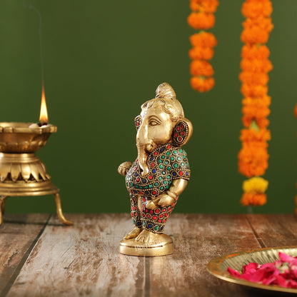 Adorable Brass Baby Ganesha Statue with Modak and Stonework | 7" Height - Budhshiv.com