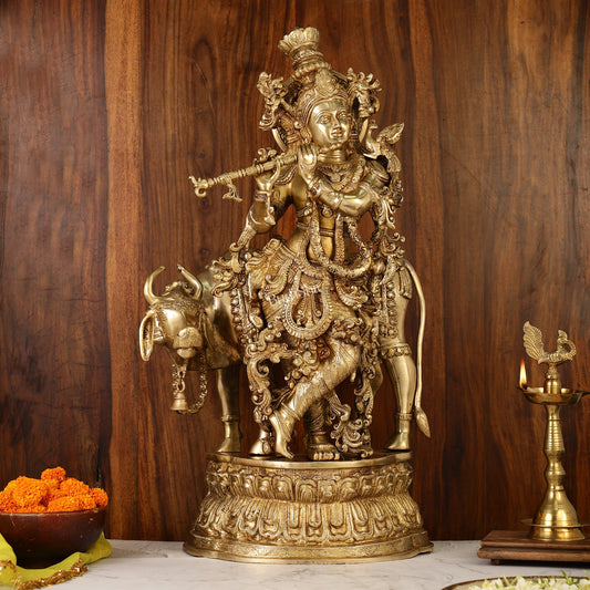 Adorable Lord Krishna With Cow Statue | Brass | Antique Gold Finish 28" - Budhshiv.com