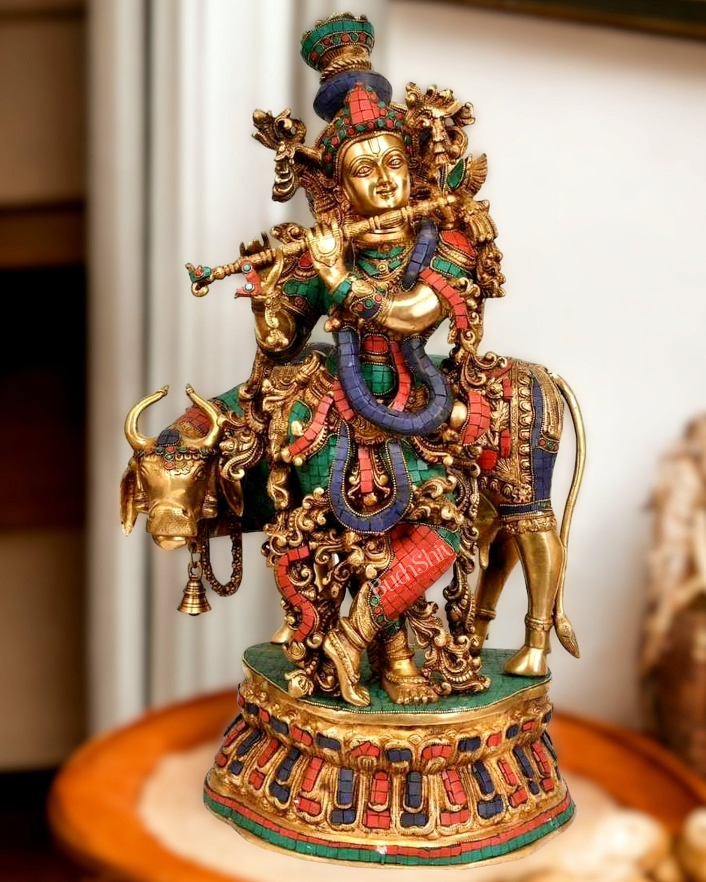 Adorable Lord Krishna With Cow Statue - Brass Sculpture 28" - Budhshiv.com