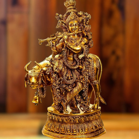 Adorable Lord Krishna With Cow Statue | Brass | Shine Gold Finish 28" - Budhshiv.com