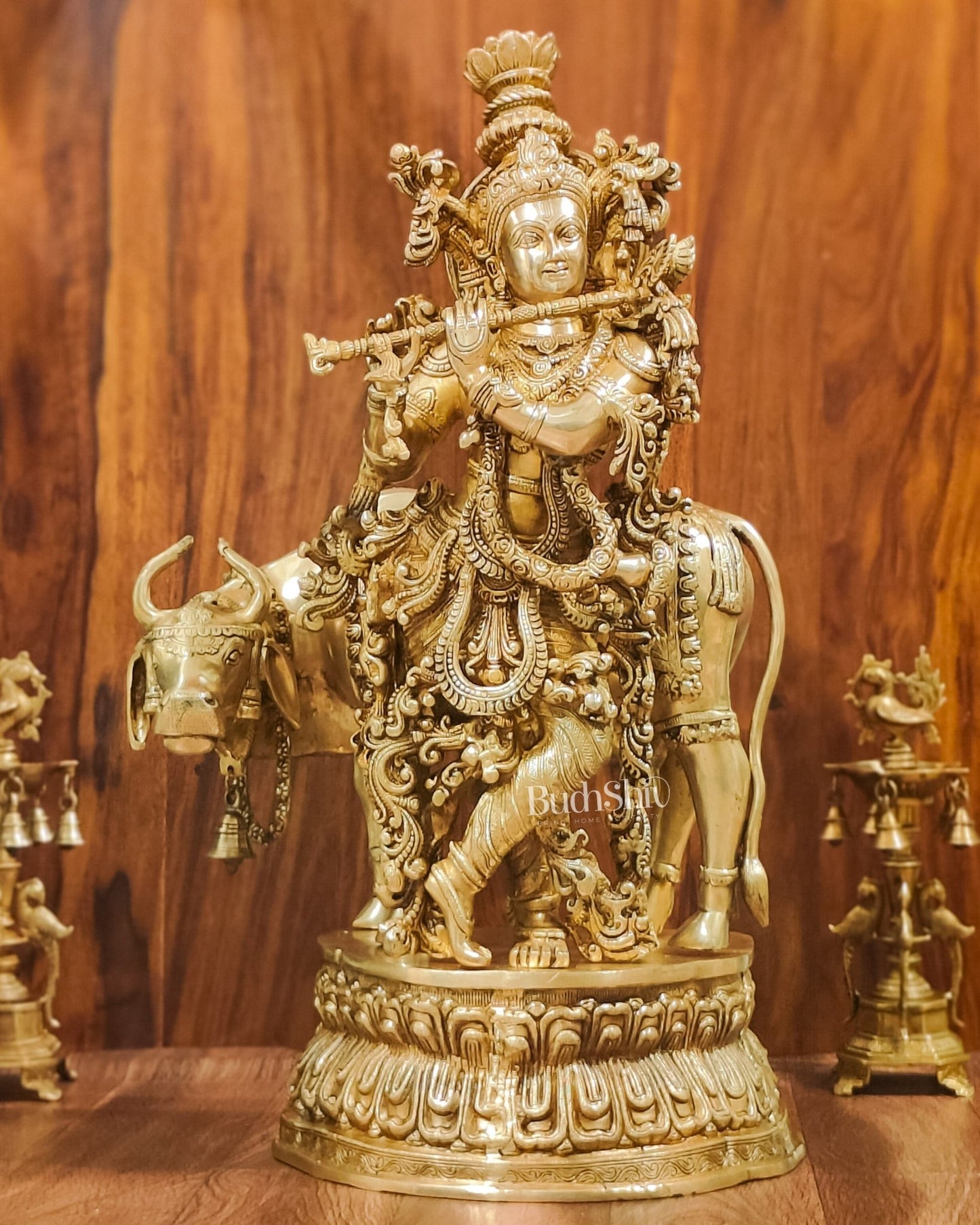 Adorable Lord Krishna With Cow Statue | Brass | Shine Gold Finish 28" - Budhshiv.com