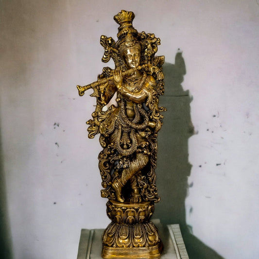 Antique Brass Handcrafted Krishna Playing the Flute - Divine Melody and Timeless Beauty 29" - Budhshiv.com