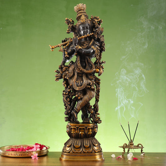 Antique Brass Handcrafted Krishna Statue 30 inch black - Budhshiv.com