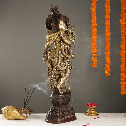 Antique Brass Handcrafted Krishna Statue 30 inch - Budhshiv.com