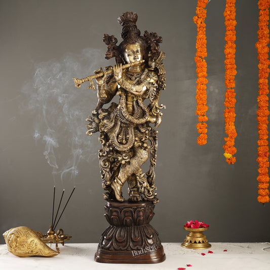 Antique Brass Handcrafted Krishna Statue 30 inch - Budhshiv.com