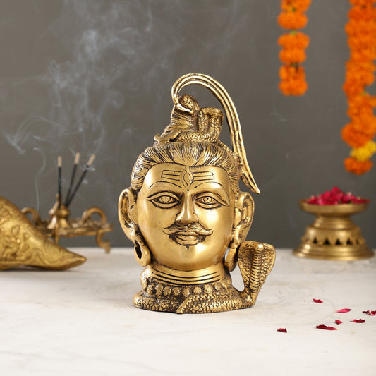 Antique Brass Handcrafted Mahakaal Lord Shiva Head Statue | 9" Height - Budhshiv.com