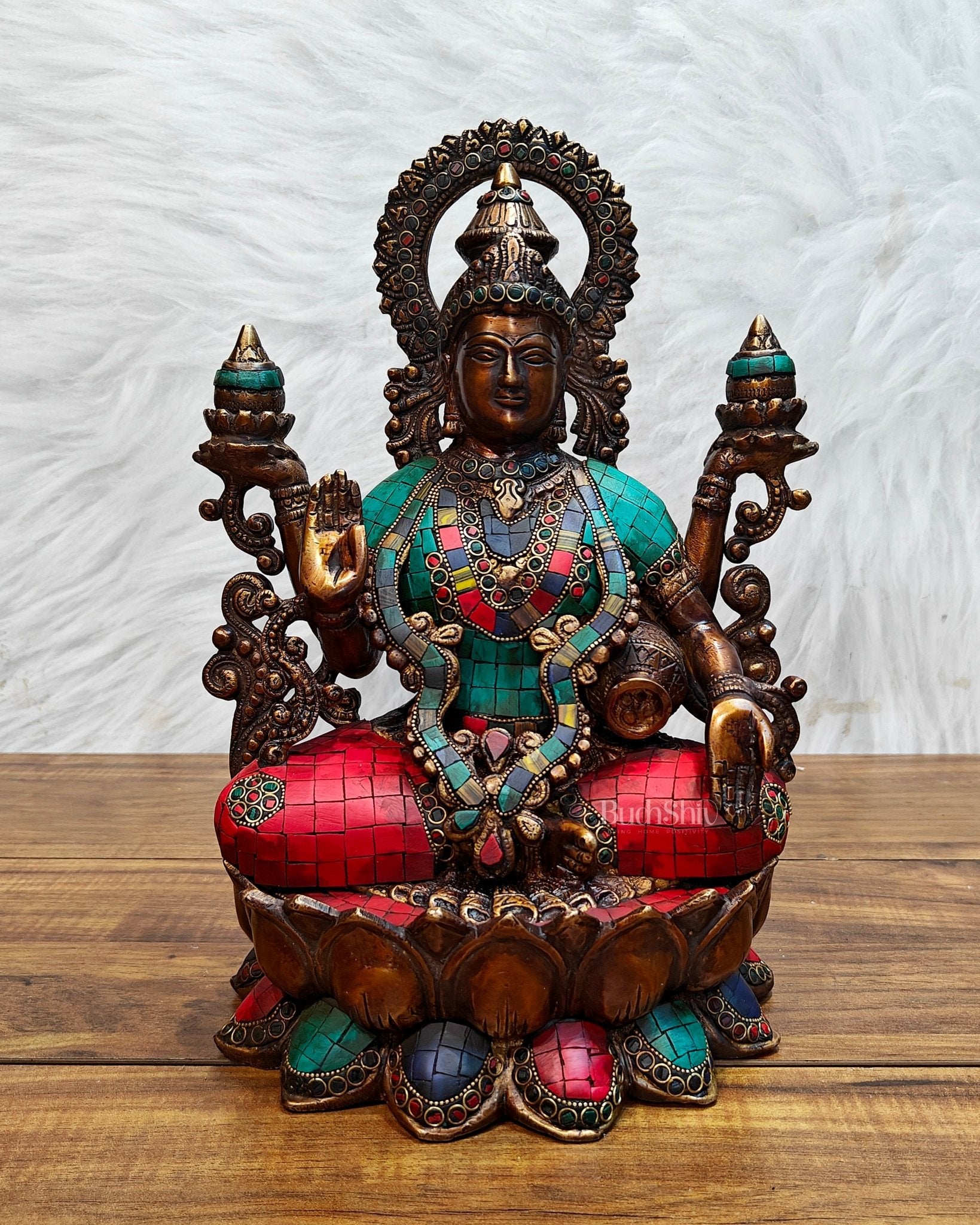 Antique Brass Lakshmi Idol with Meenakari Stonework | 12" Height | - Budhshiv.com