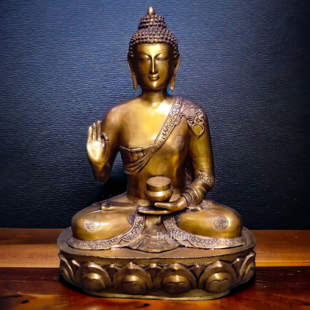 Antique Brass Large Blessing Buddha Statue - 28 inch - Budhshiv.com