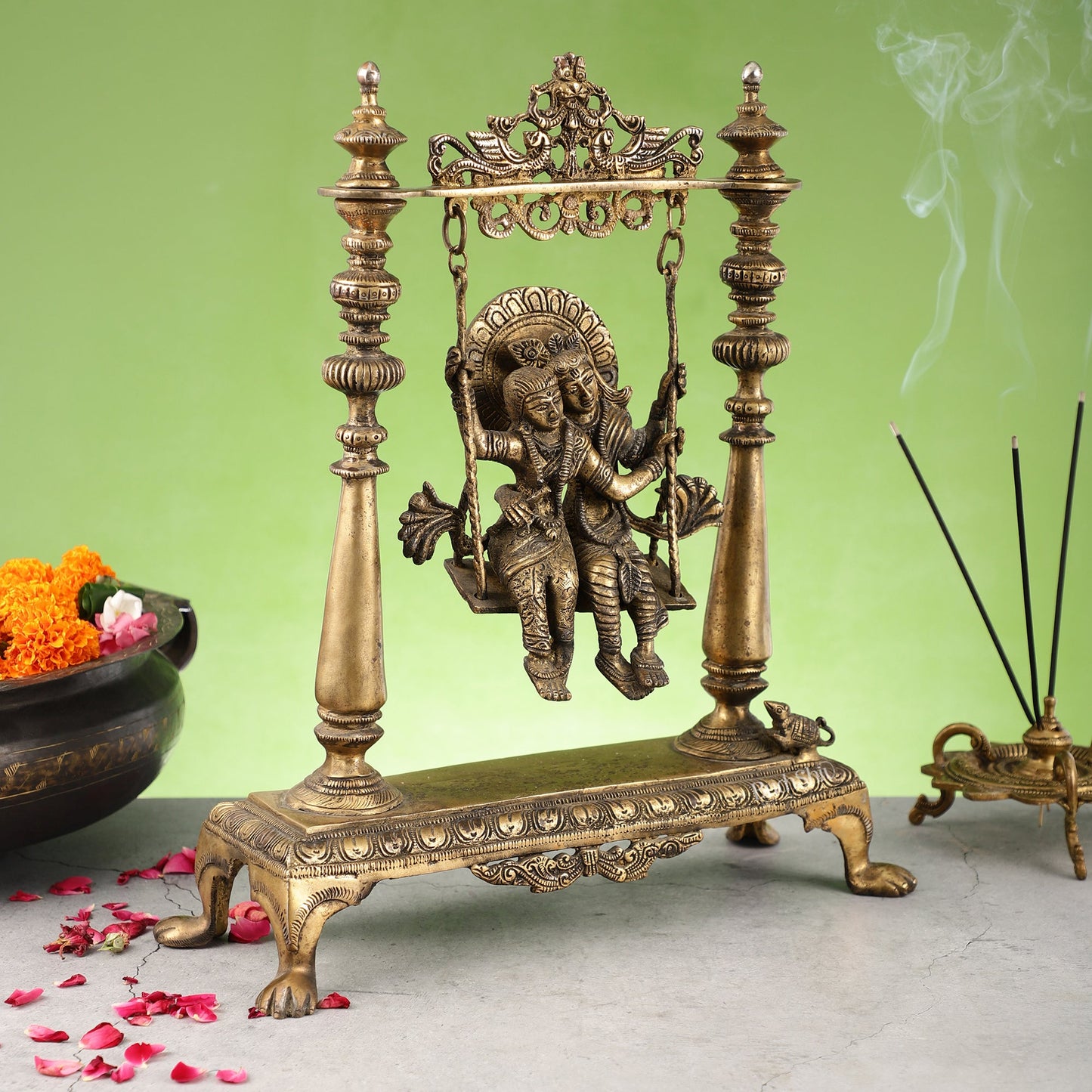 Antique Brass Radha Krishna Swing (Jhula) Idol | Height 15.5 inch - Budhshiv.com