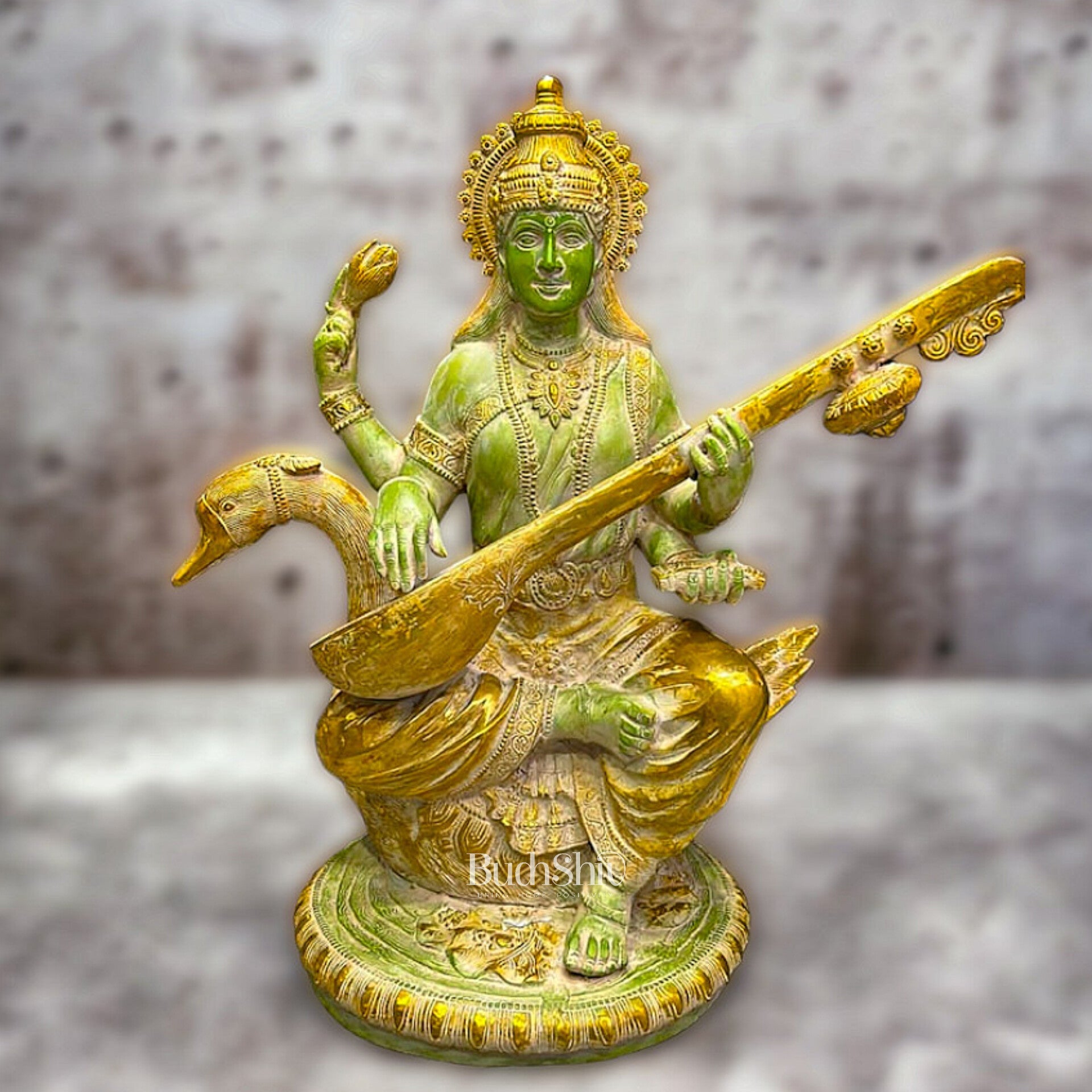 Antique Brass Superfine Goddess Saraswati Statue - 24" - Budhshiv.com