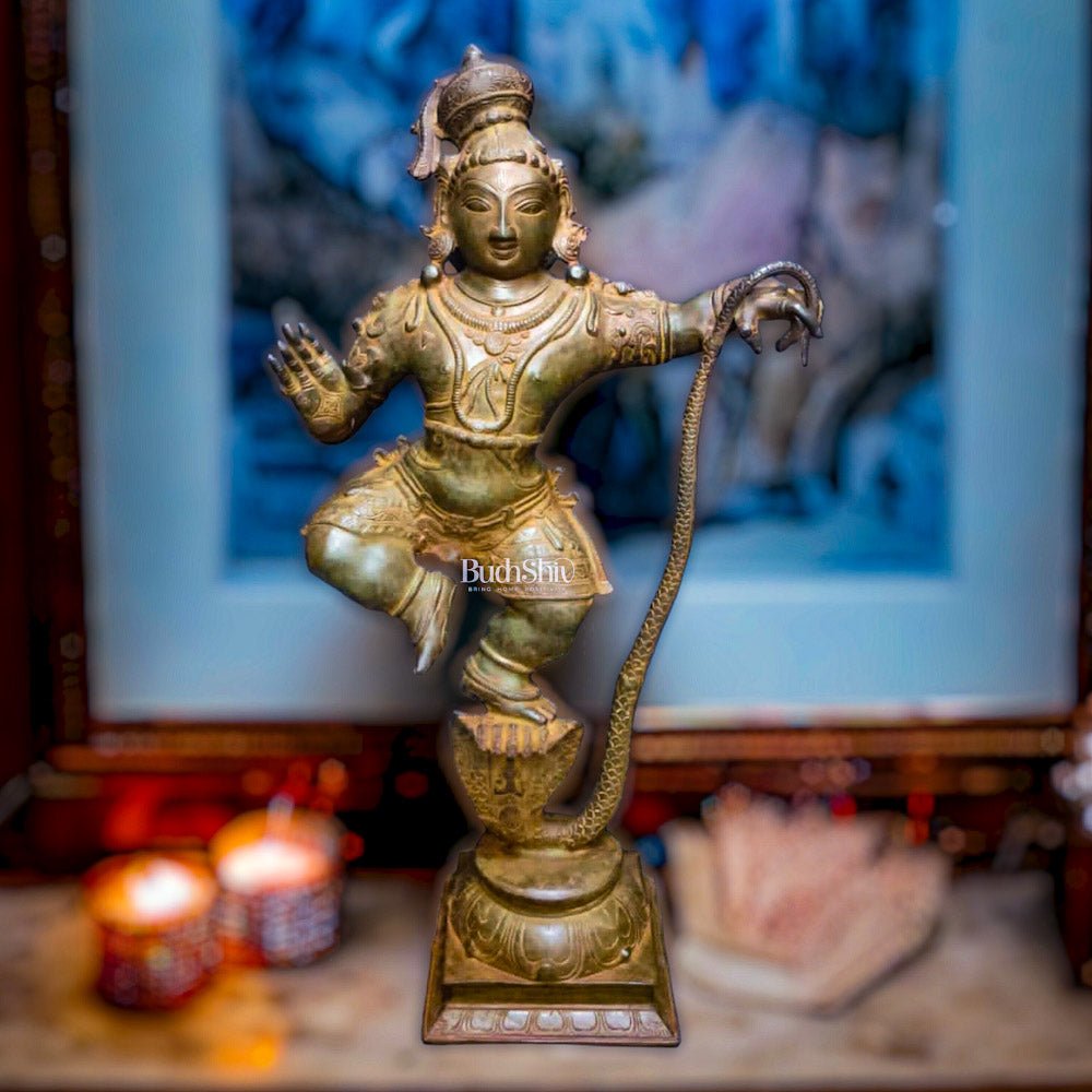 Antique Brass Superfine Kalinga Dancing Krishna Statue - 35" - Budhshiv.com