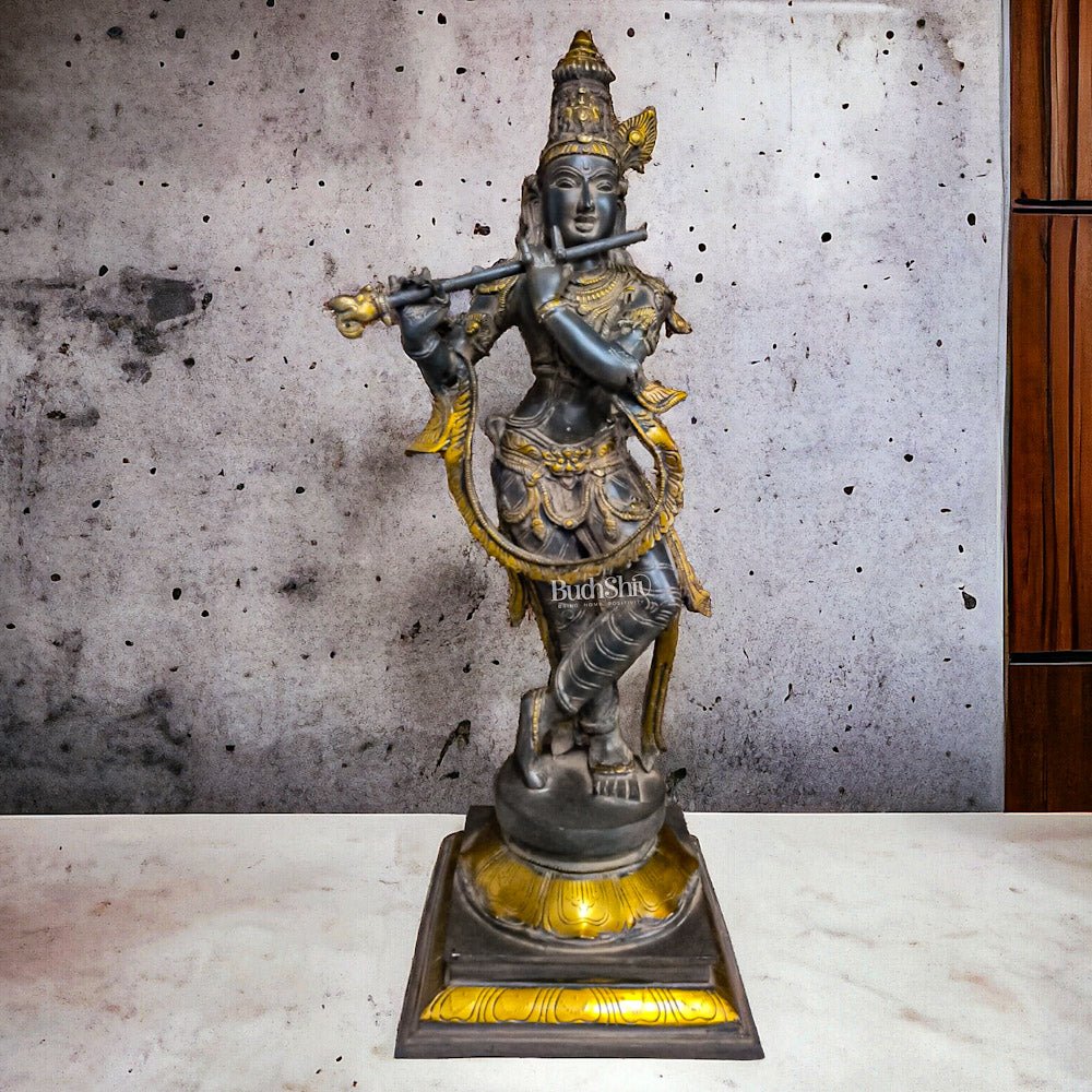 Antique Brass Superfine Lord Krishna Statue - 28" - Budhshiv.com