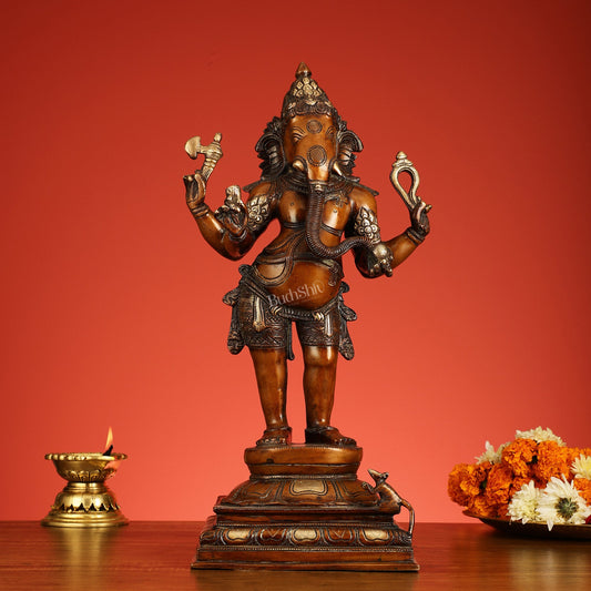 Antique Bronze Finish Brass Standing Lord Ganesha Statue - 20 " - Budhshiv.com