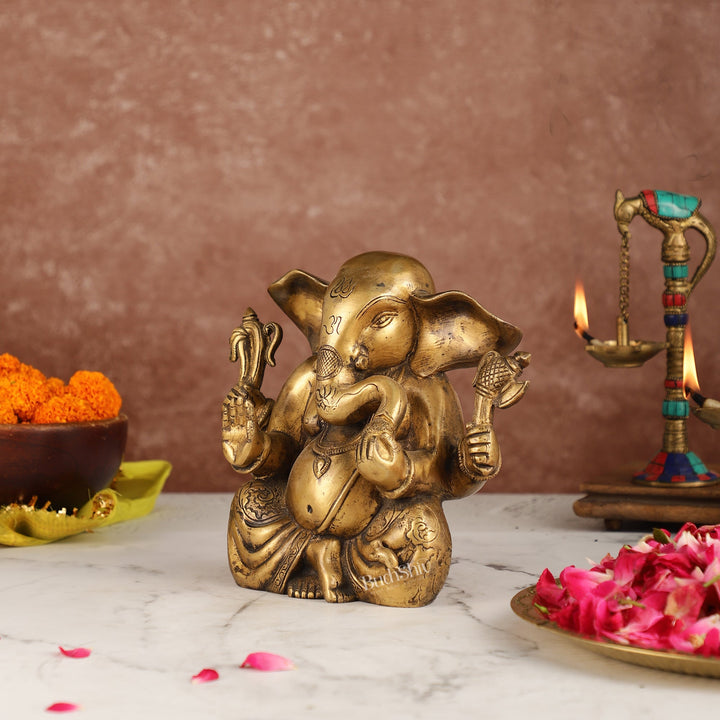 Antique Finish Brass Dhoti Ganesha Idol | 7.5" Height | Timeless Charm - Budhshiv.com