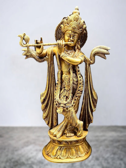 Antique Finish Brass Krishna Idol | 20" - Budhshiv.com