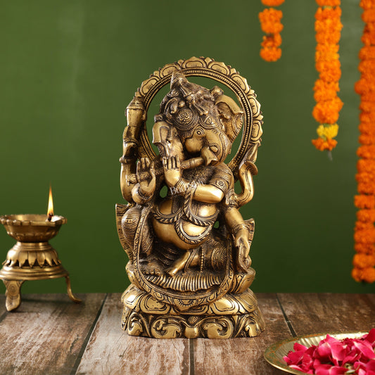 Antique Finish Brass Unique Ganesha Statue Playing Flute | 13" Height - Budhshiv.com