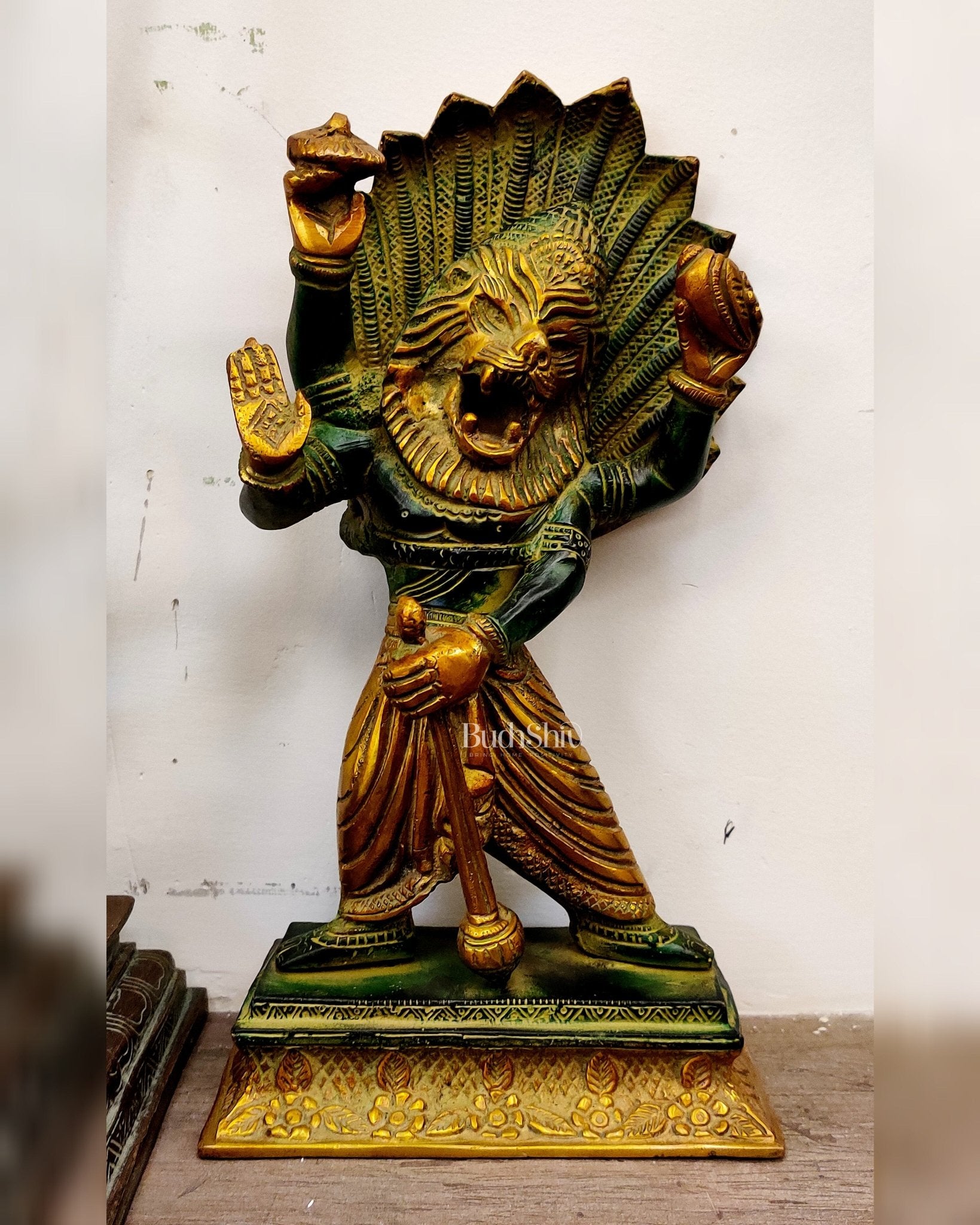 Antique Tone Brass Narasimha Statue - 12 inch - Budhshiv.com