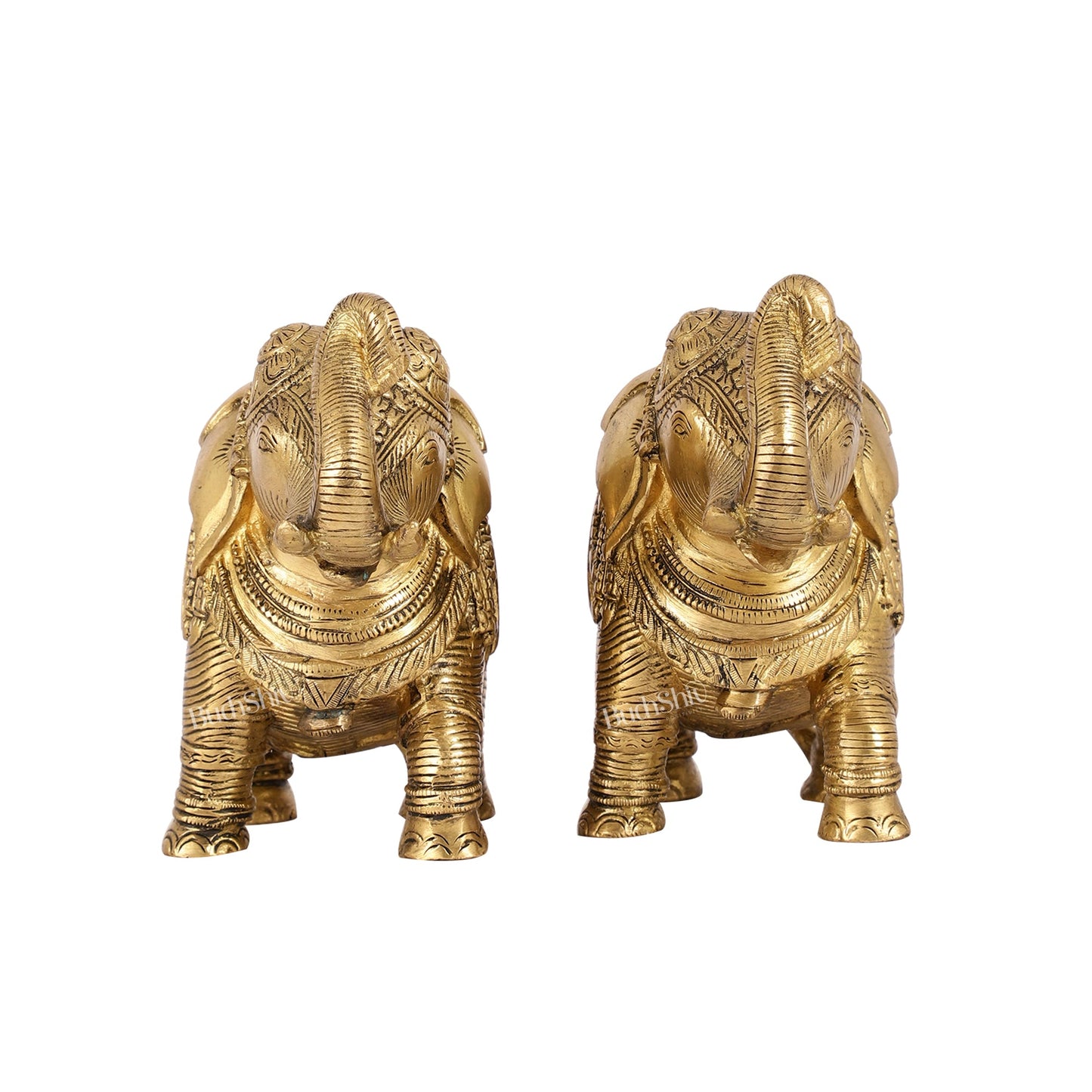 Auspicious Brass Handcrafted Pair of Engraved Elephants with Curled Trunks | - Budhshiv.com