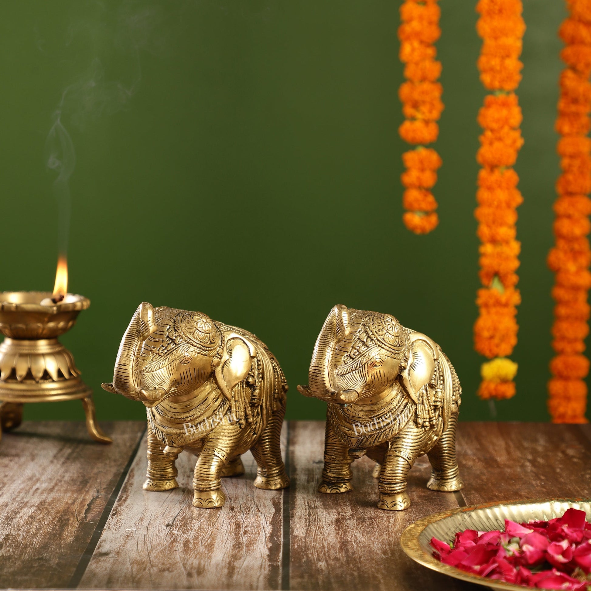 Auspicious Brass Handcrafted Pair of Engraved Elephants with Curled Trunks | - Budhshiv.com