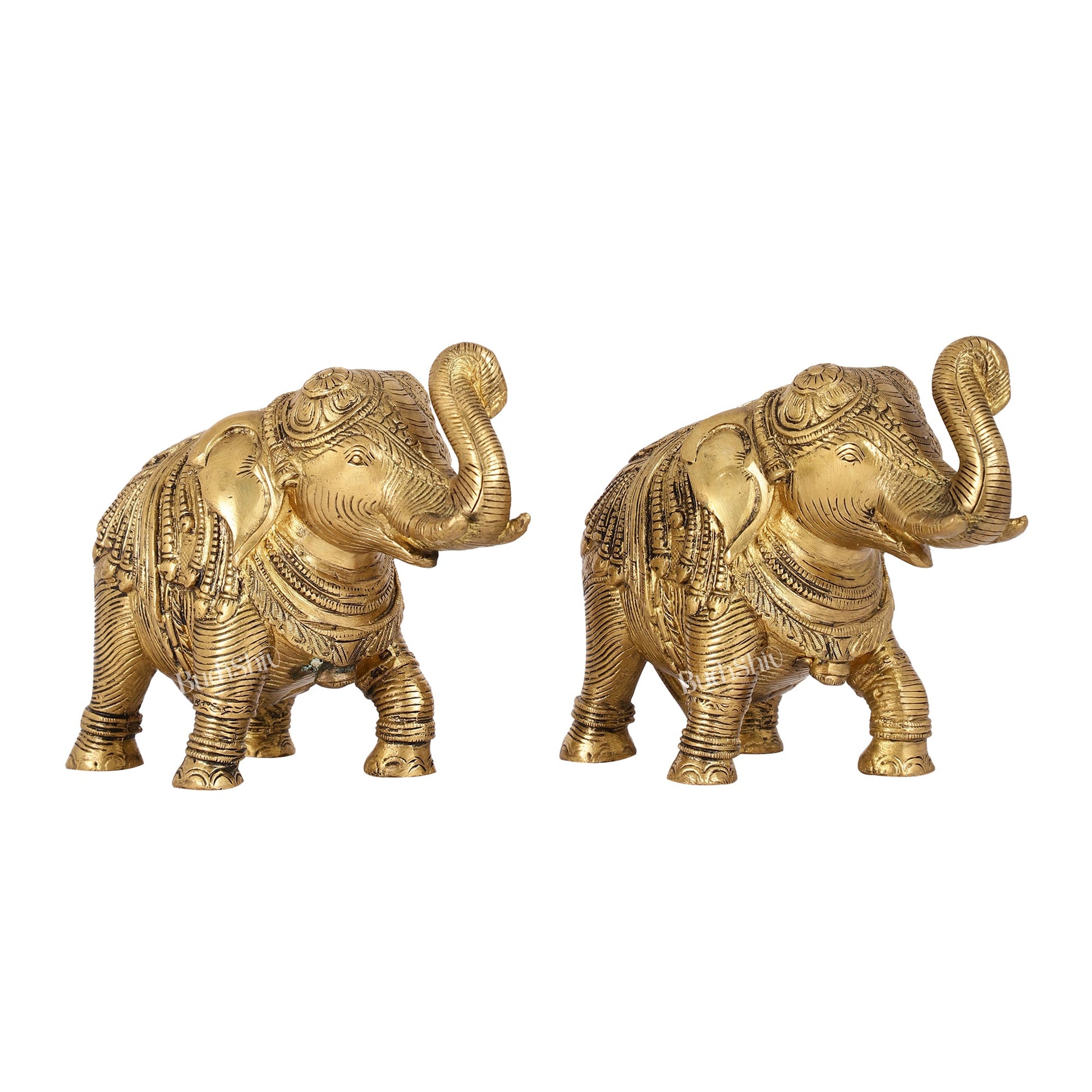 Auspicious Brass Handcrafted Pair of Engraved Elephants with Curled Trunks | - Budhshiv.com