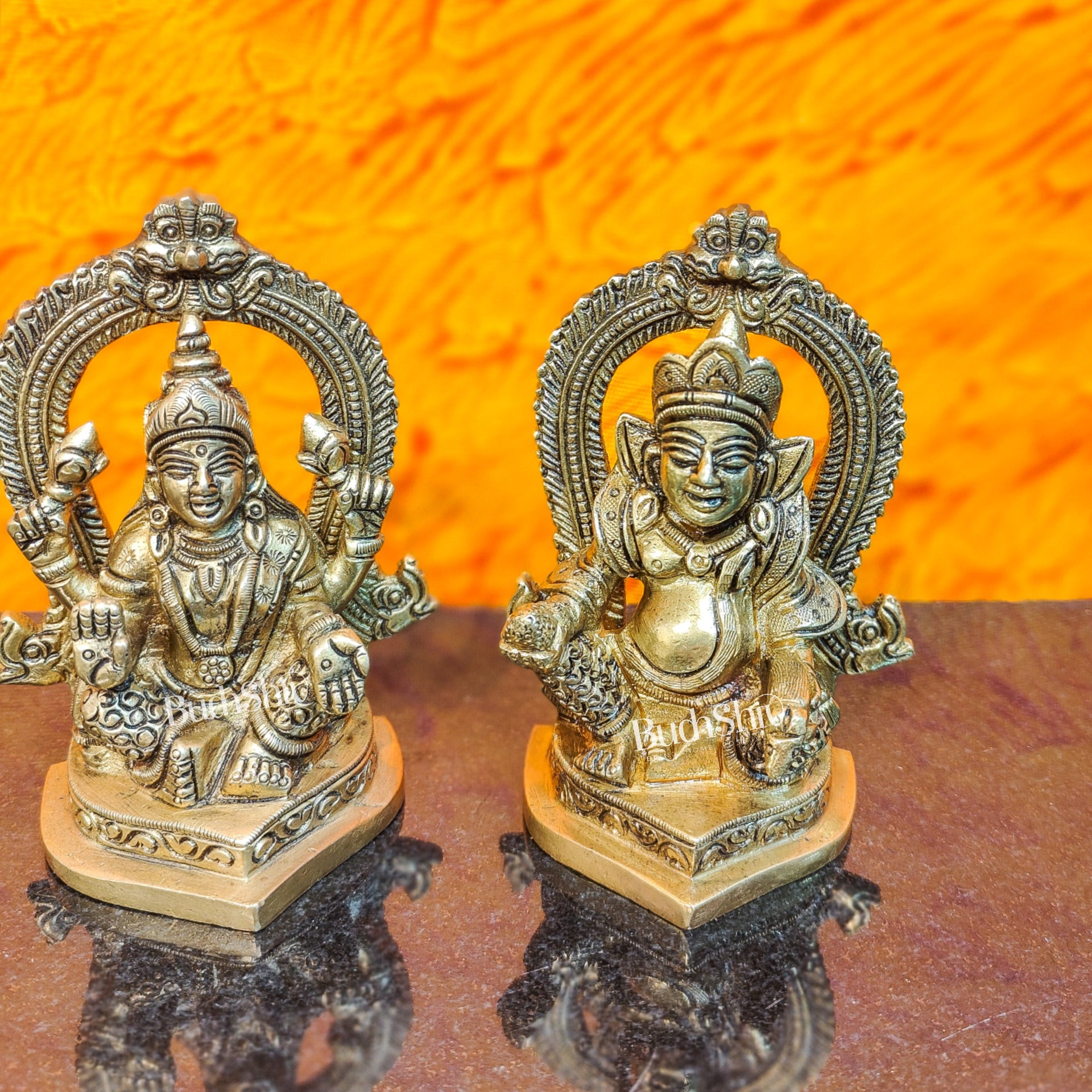 Auspicious Brass Lord Kubera and Goddess Lakshmi Idol, 4.5" Height - Budhshiv.com