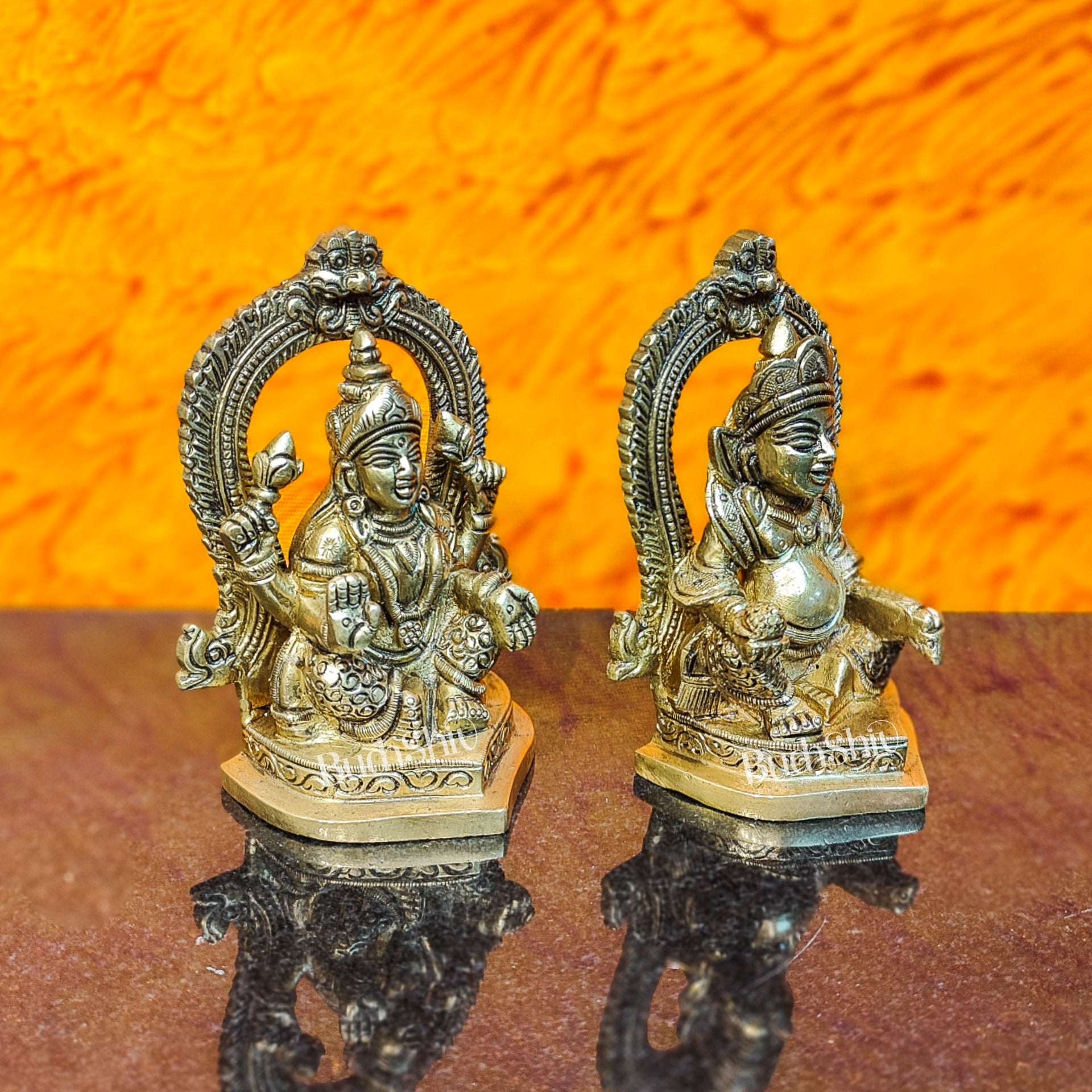 Auspicious Brass Lord Kubera and Goddess Lakshmi Idol, 4.5" Height - Budhshiv.com