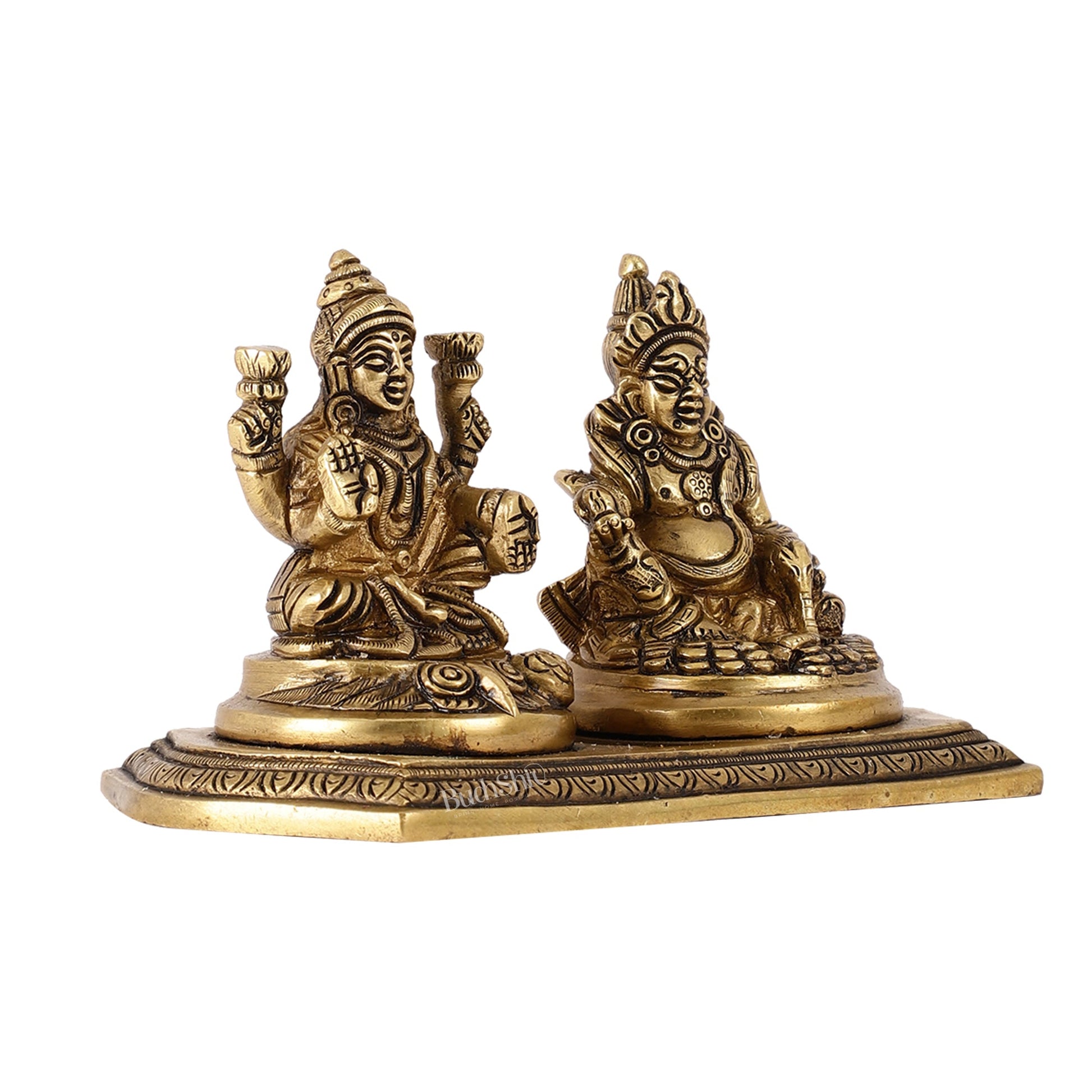 Auspicious Brass Lord Kubera and Goddess Lakshmi Idol, 4" - Budhshiv.com