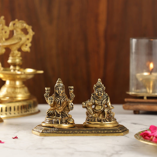 Auspicious Brass Lord Kubera and Goddess Lakshmi Idol, 4" - Budhshiv.com
