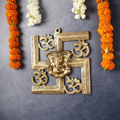 Auspicious Brass Swastik Wall Hanging with Lord Ganesha - Budhshiv.com