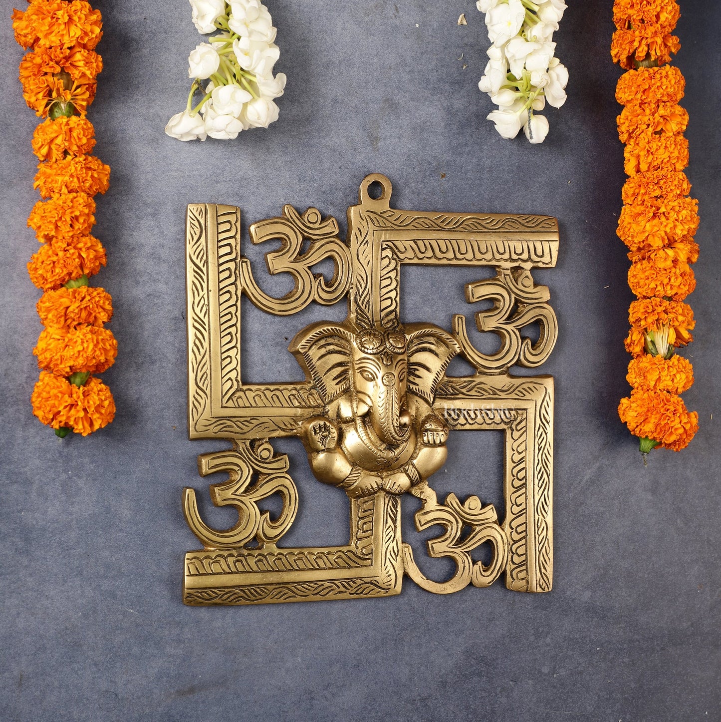 Auspicious Brass Swastik Wall Hanging with Lord Ganesha - Budhshiv.com