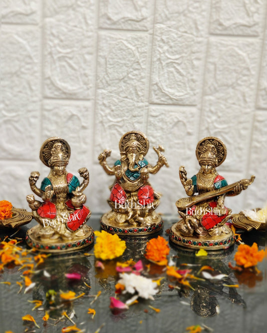 Auspicious Ganesha Lakshmi Saraswati Brass Idol with Stonework 5 inch - Budhshiv.com